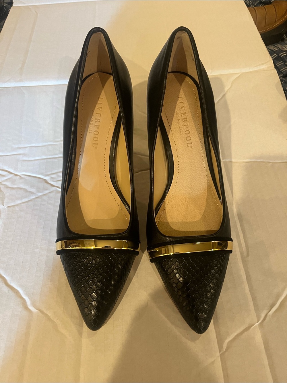 Liverpool Black Pointed Toe Pumps with Gold Bar Detail